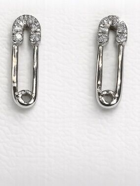 Solid 14k White Gold Pavé Diamond Safety Pin Stud Earrings | Fine Jewelry